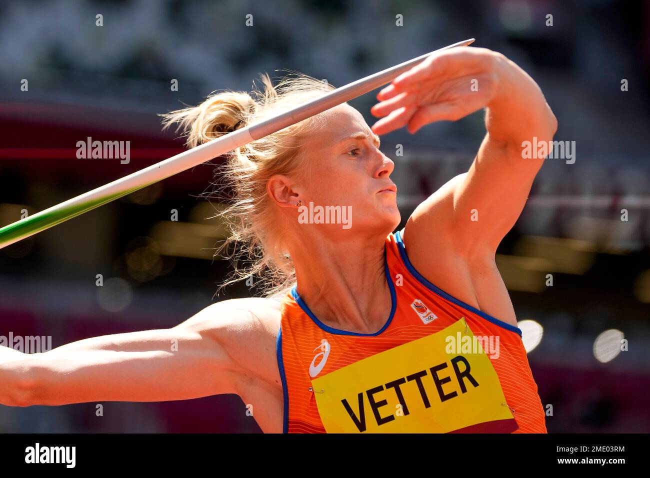 Anouk Vetter, of Netherlands, competes in the heptathlon javelin throw