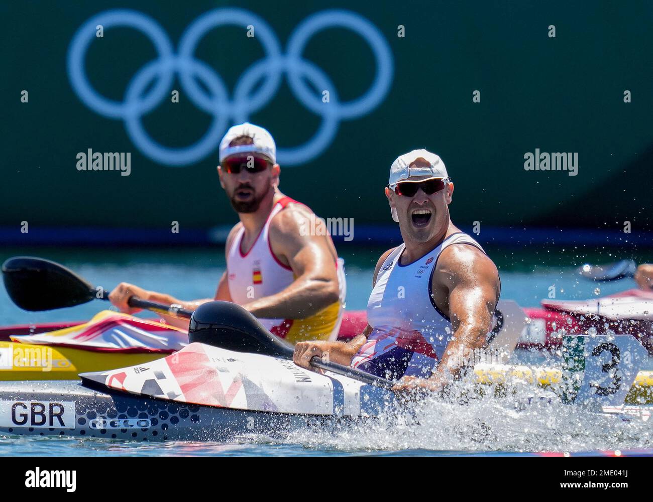 2000m Rower Liam Liam Heath, of Great Britain, right, reacts after his bronze medal ...