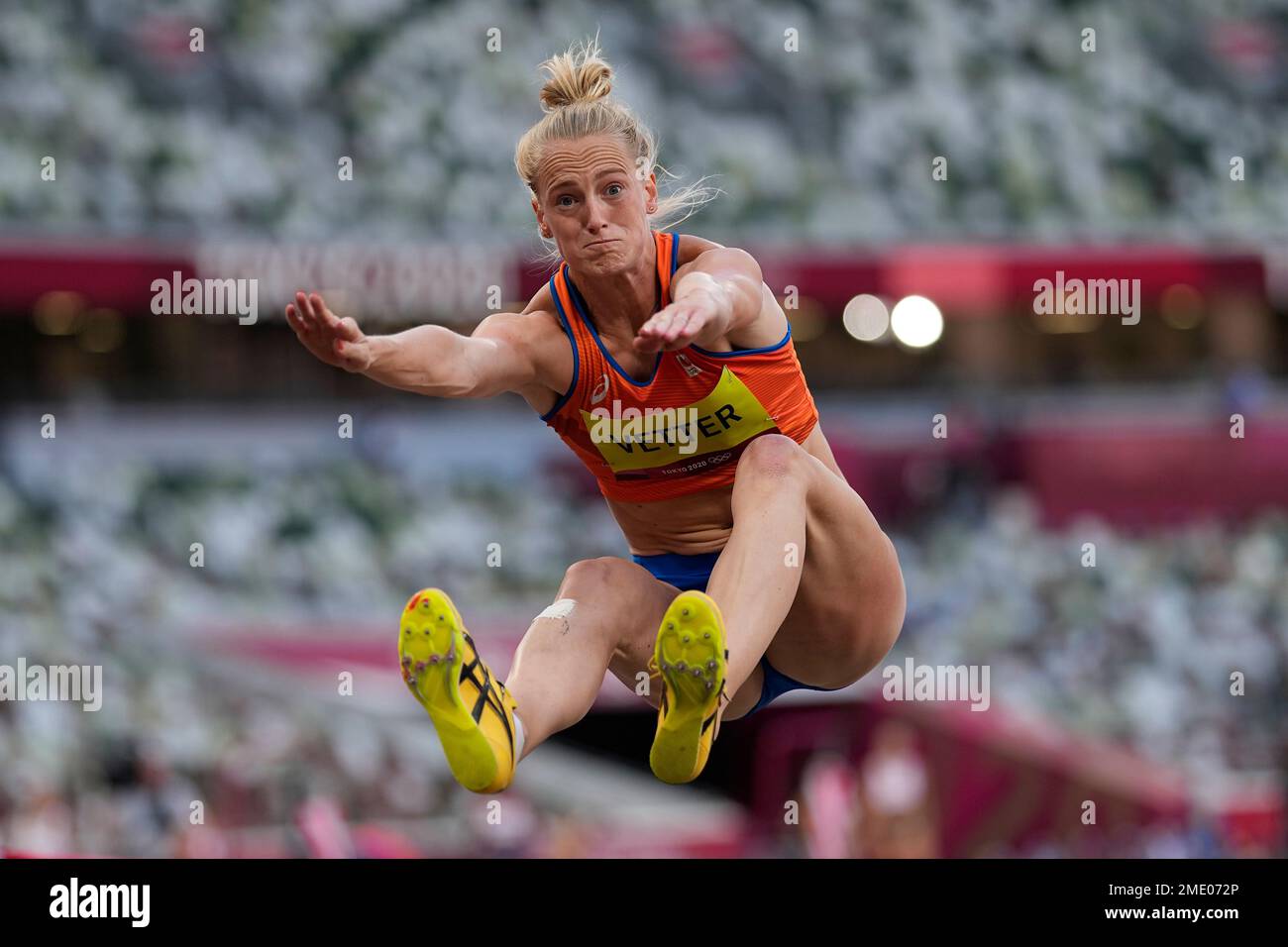 Anouk Vetter, of Netherlands, competes in the heptathlon long jump at ...