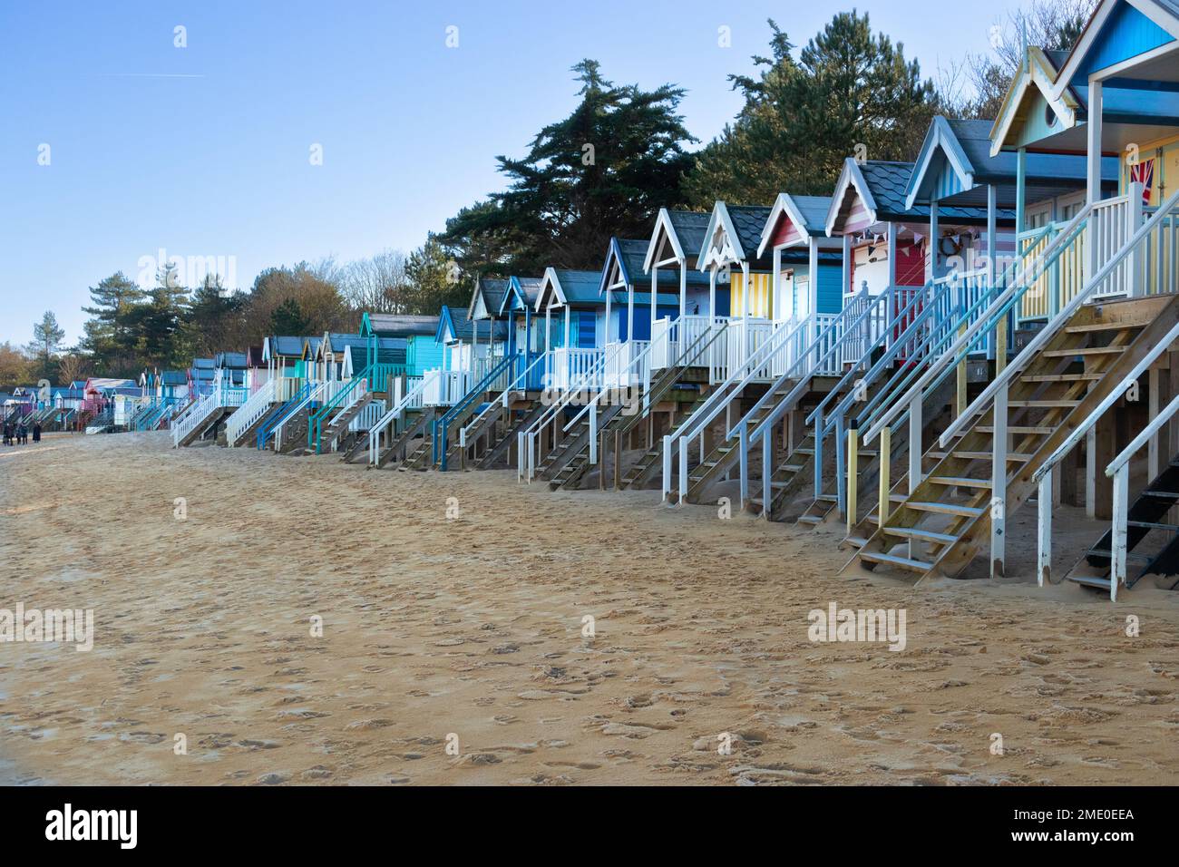 Line of beach huts at Wells on Sea North Norfolk in winter, England Stock Photo