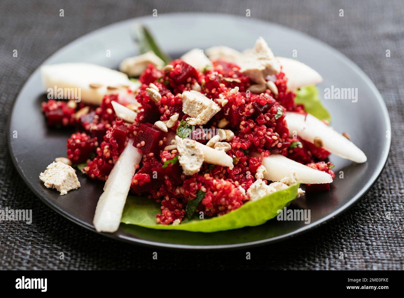 Quinoa and Pickled Beet Salad with Pears, Mint and home made vegan feta