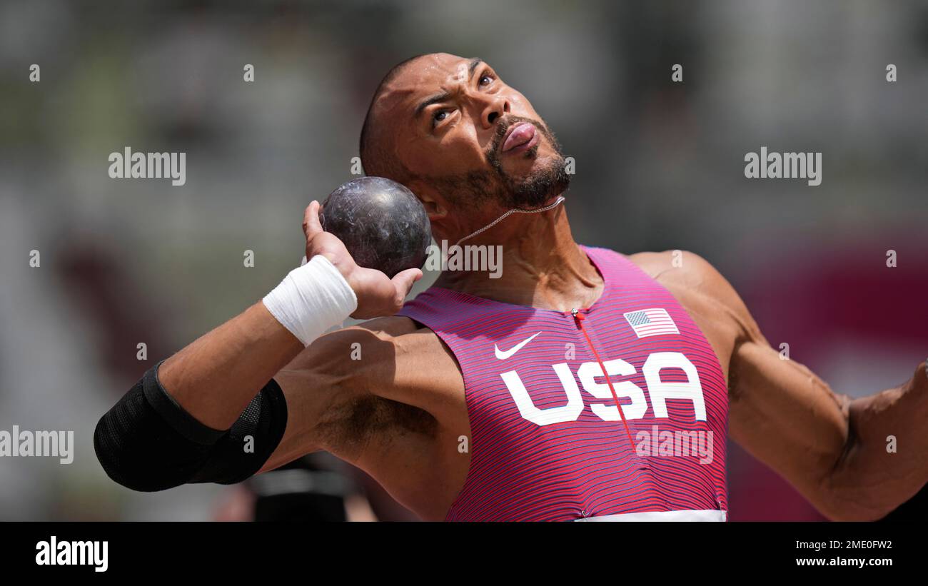 Garrett Scantling, of the United States, competes in the shot put of