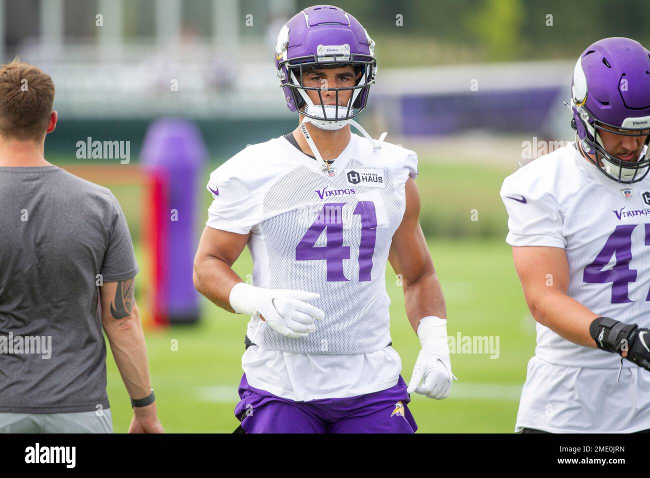 Minnesota Vikings linebacker Chazz Surratt warms up before their game  against the San Francisco 49ers during an NFL preseason football game,  Saturday, Aug. 20, 2022, in Minneapolis. (AP Photo/Craig Lassig Stock Photo  