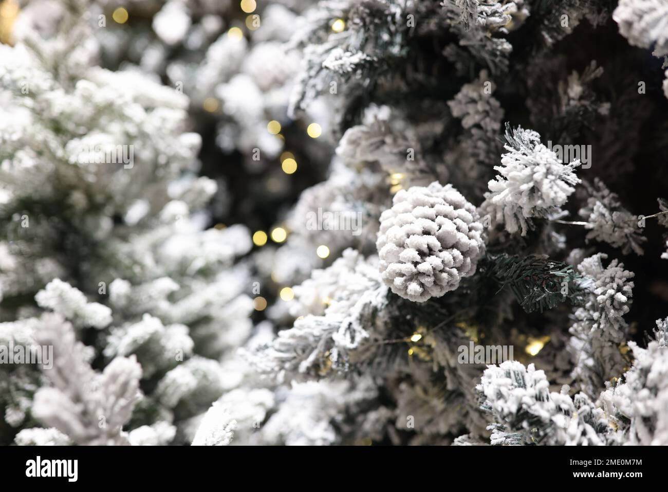 Branches of frosty Christmas tree with cones and lights of garlands as