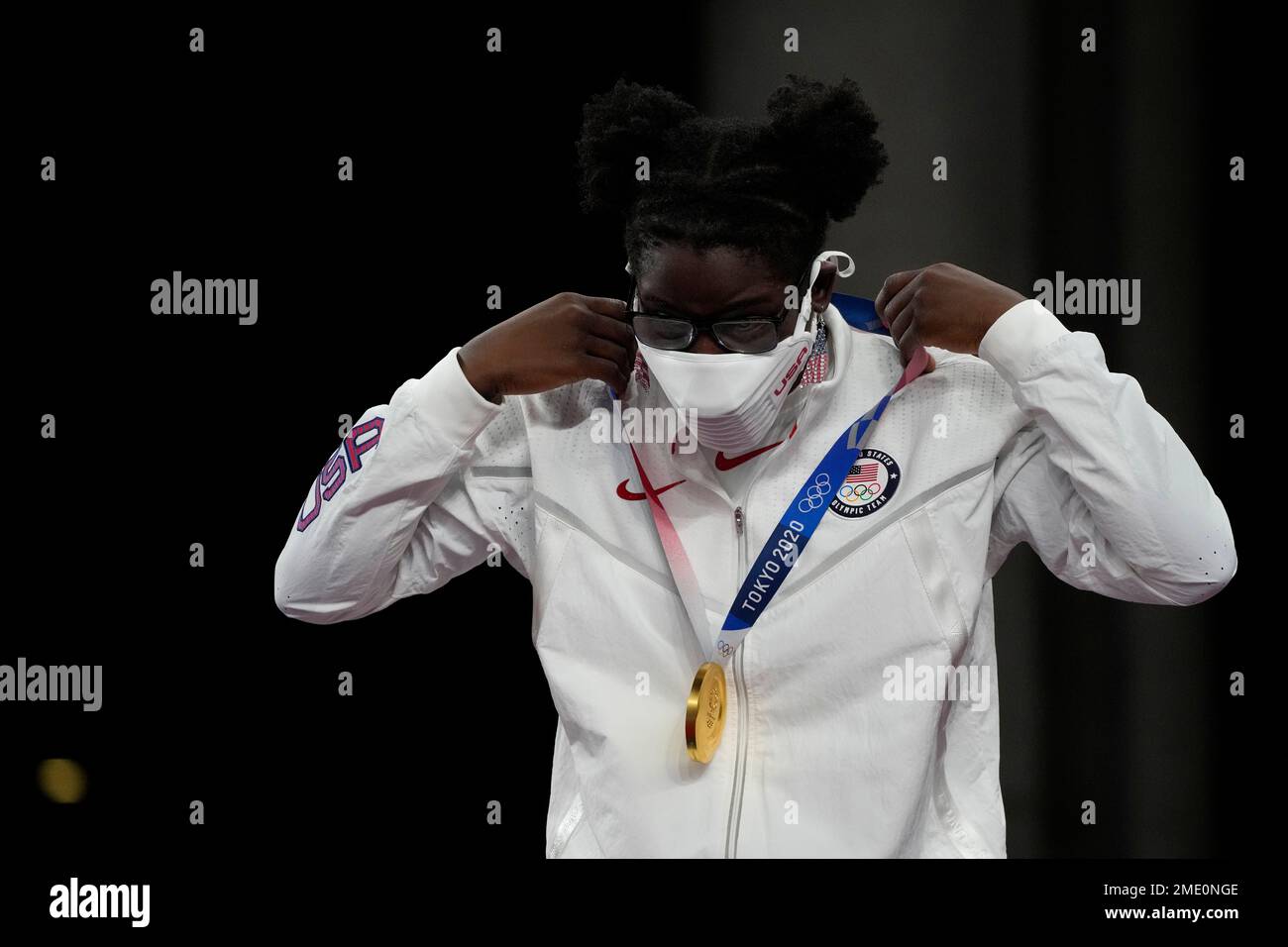 Gold medalist, United States Tamyra Marianna Stock Mensah celebrates on