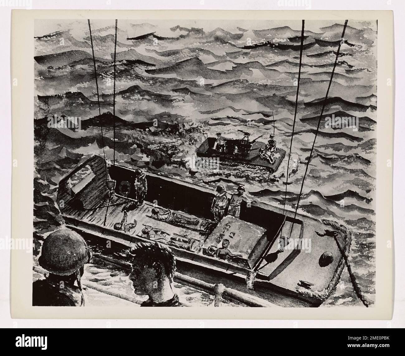 The Wounded Come Out from Saipan. This image depicts artwork of various Coast Guard-manned vessels as they transport wounded personnel off of Saipan, drawn by Coast Guard Combat Artist Omar G. Dawson. Stock Photo