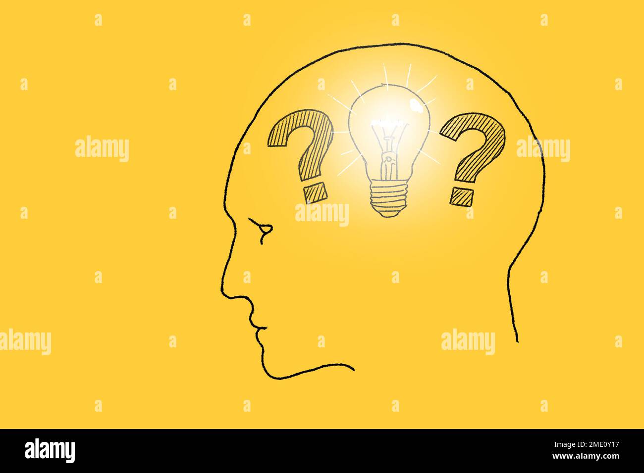 The question marks inside of the human head and light bulbs. Hand drawn illustration on yellow background. Idea concept. Stock Photo