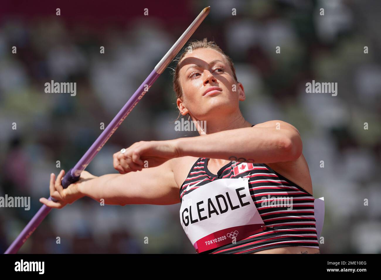 Elizabeth Gleadle, of Canada, competes in qualifications for the women's javelin  throw at the 2020 Summer Olympics, Tuesday, Aug. 3, 2021, in Tokyo. (AP  Photo/Matthias Schrader Stock Photo - Alamy, image size:1300x956