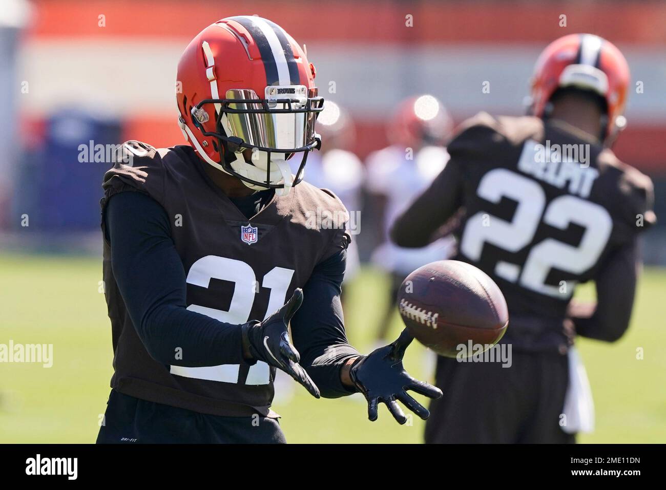 Cleveland Browns cornerback Denzel Ward catches a pass during an NFL