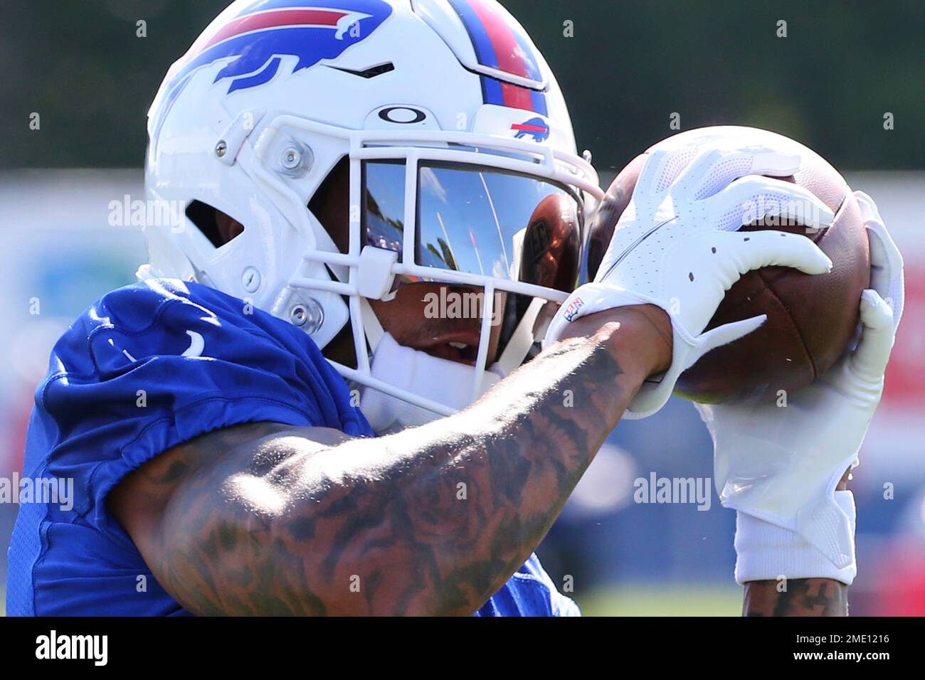 Buffalo Bills safety Taron Johnson makes a catch during an NFL football  training camp practice in Orchard park, N.Y., Wednesday July 28 2021. (AP/  Photo Jeffrey T. Barnes Stock Photo - Alamy