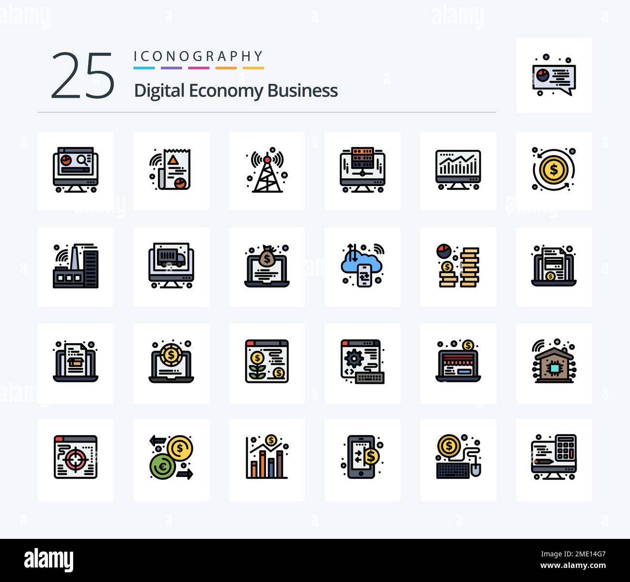 Digital Economy Business 25 Line Filled icon pack including dollar
