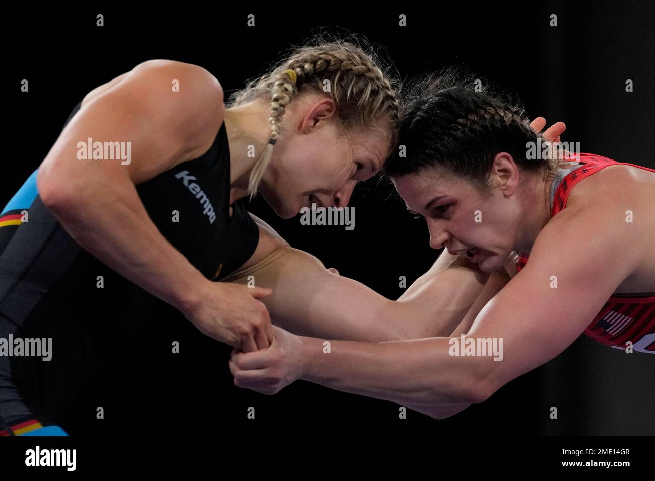 United States Adeline Maria Gray, right, and Germanys Aline Rotter Focken compete during the womens 76kg freestyle wrestling final match at the 2020 Summer Olympics, Monday, Aug