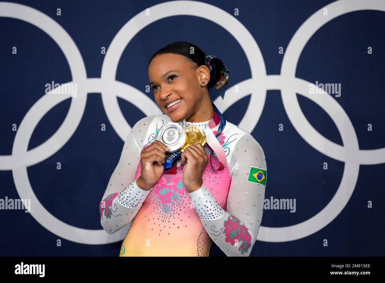 Rebeca Andrade, of Brazil, poses with her gold medal for vault and