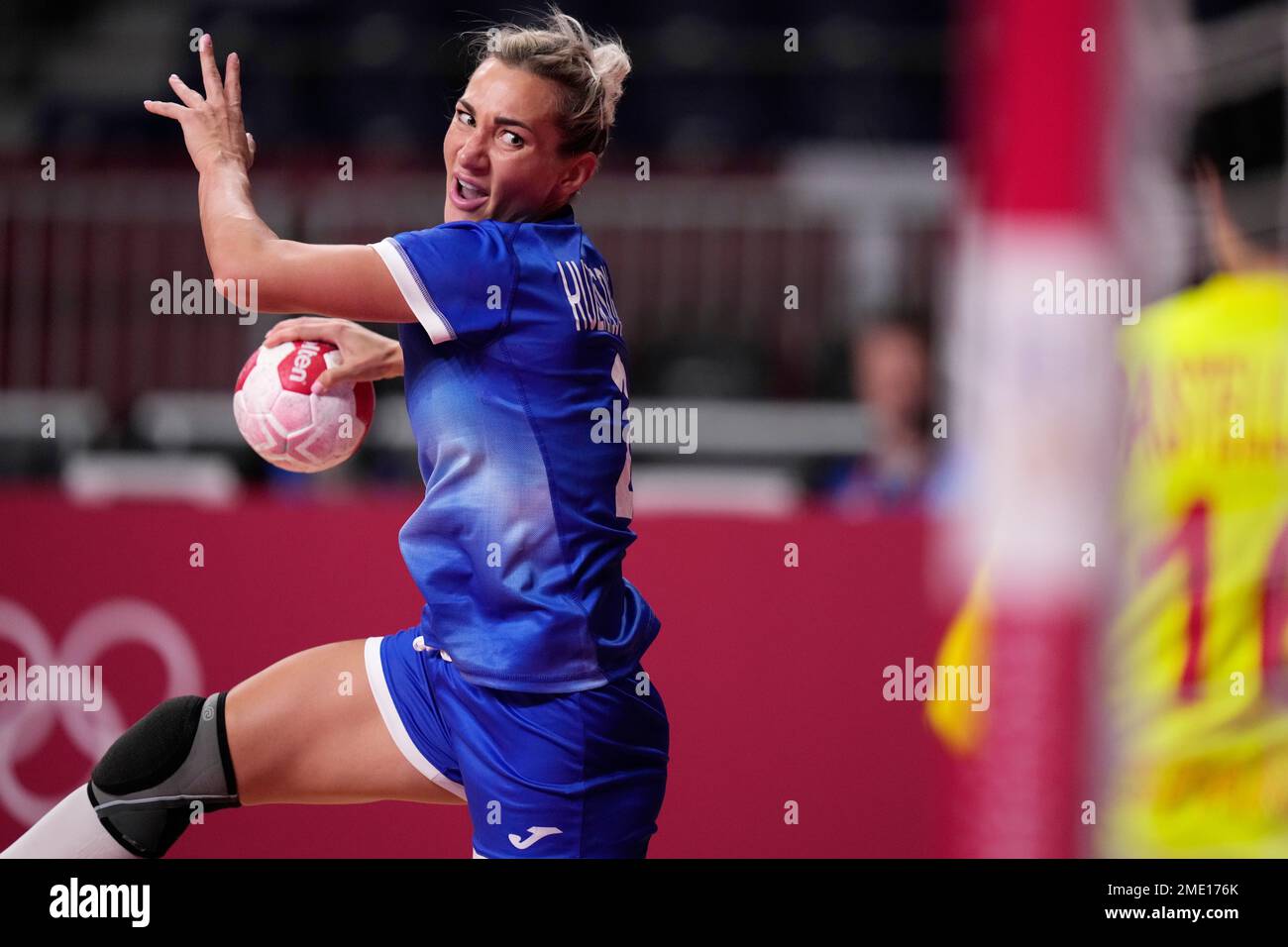 Polina Kuznetsova, of the Russian Olympic Committee, scores during the  women's Preliminary Round Group B handball match between Spain and the  Russian Olympic Committee at the 2020 Summer Olympics, Monday, Aug. 2,