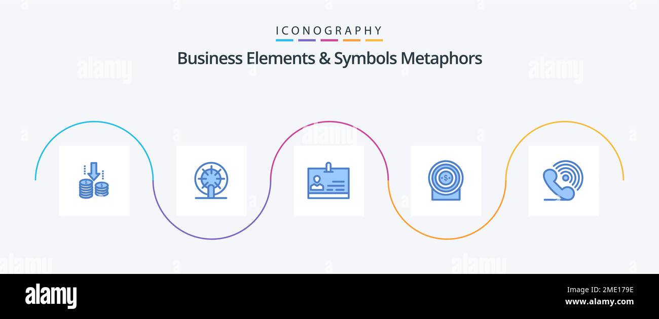 Business Elements And Symbols Metaphors Blue 5 Icon Pack Including phone. target. id. achievement. target Stock Vector