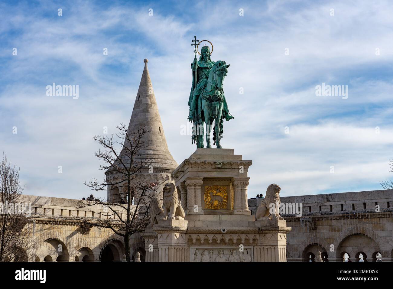 szent Istvan Saint Stephen statue in the fisherman bastion in Budapest Hungary . Stock Photo
