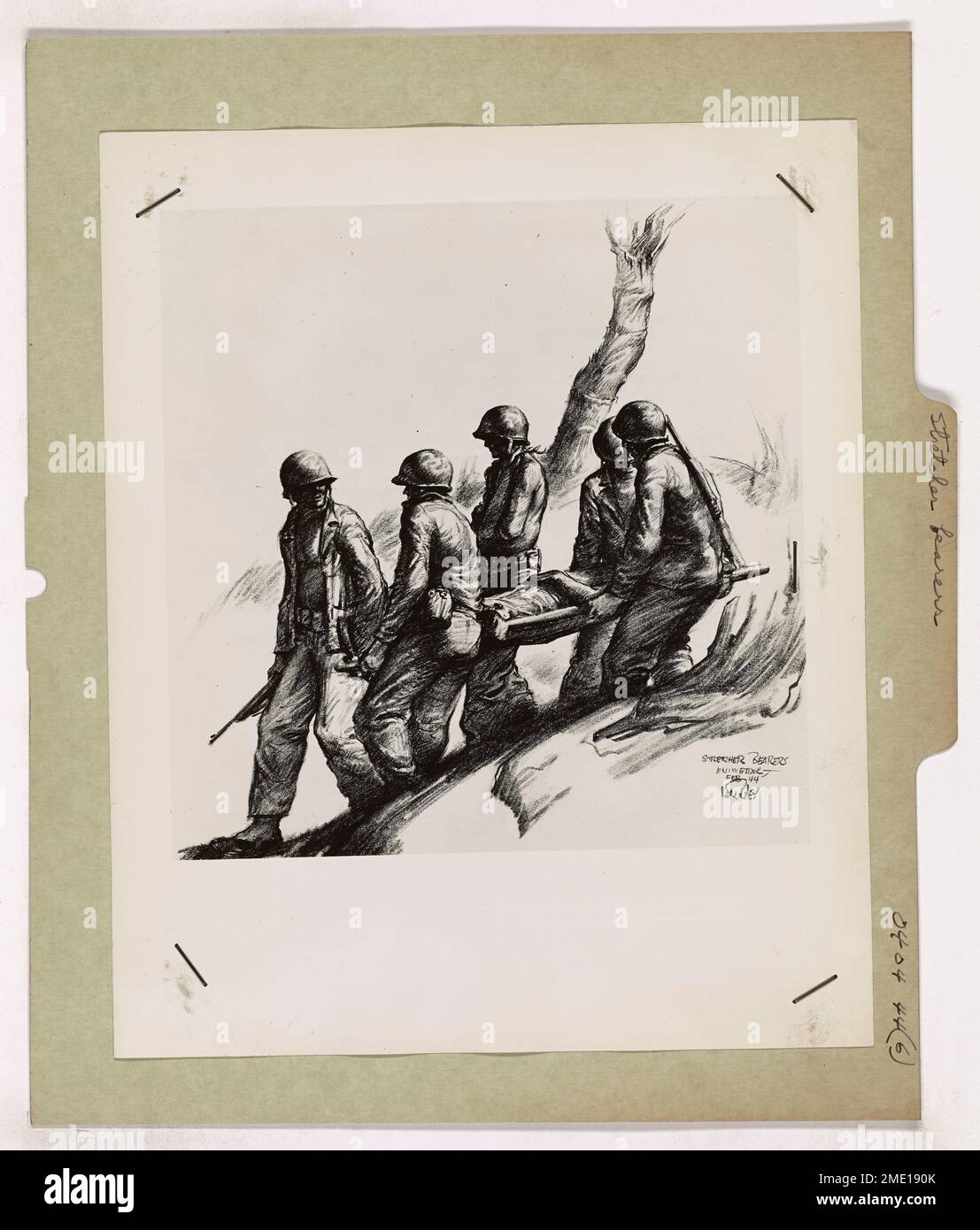 Stretcher Bearers. This image depicts a Coast Guard beach party carrying a wounded Marine on Engebi Island, Eniwetok Atoll, drawn by Coast Guard Combat Artist Ken Riley. Stock Photo