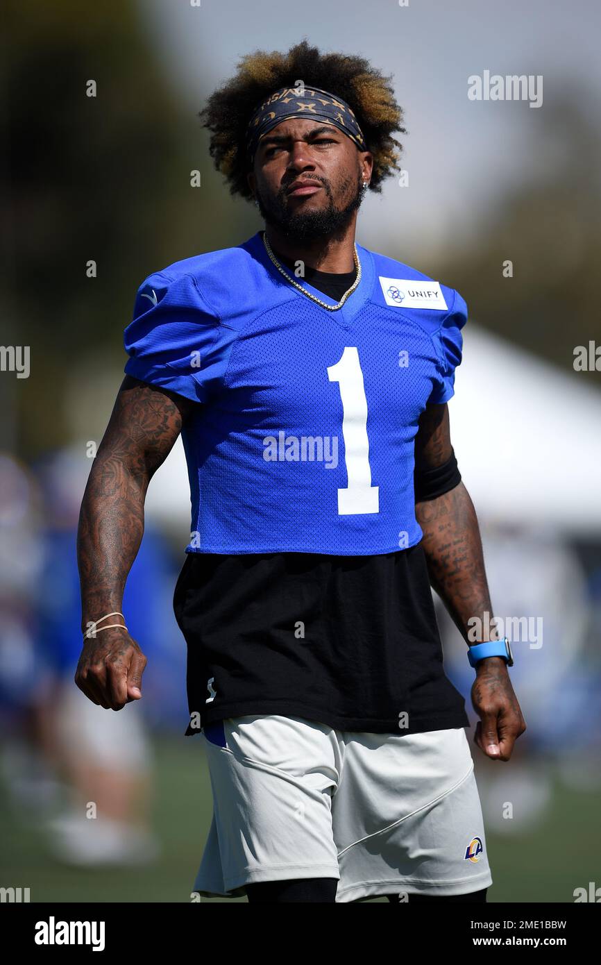 Los Angeles Rams wide receiver DeSean Jackson (1) during an NFL football  game against the Seattle Seahawks, Thursday, Oct. 7, 2021, in Seattle. The  Los Angeles Rams won 26-17. (AP Photo/Ben VanHouten