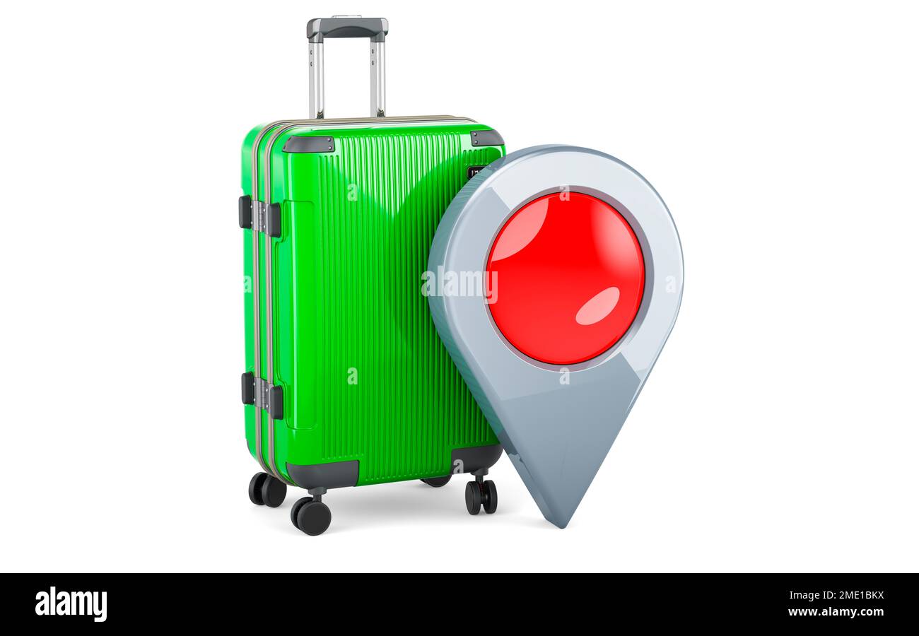 Luggage with map pointer. 3D rendering isolated on white background ...