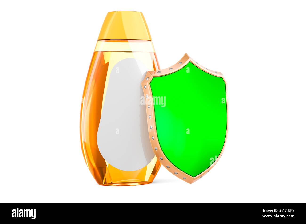 Shampoo bottle with shield, 3D rendering isolated on white background ...