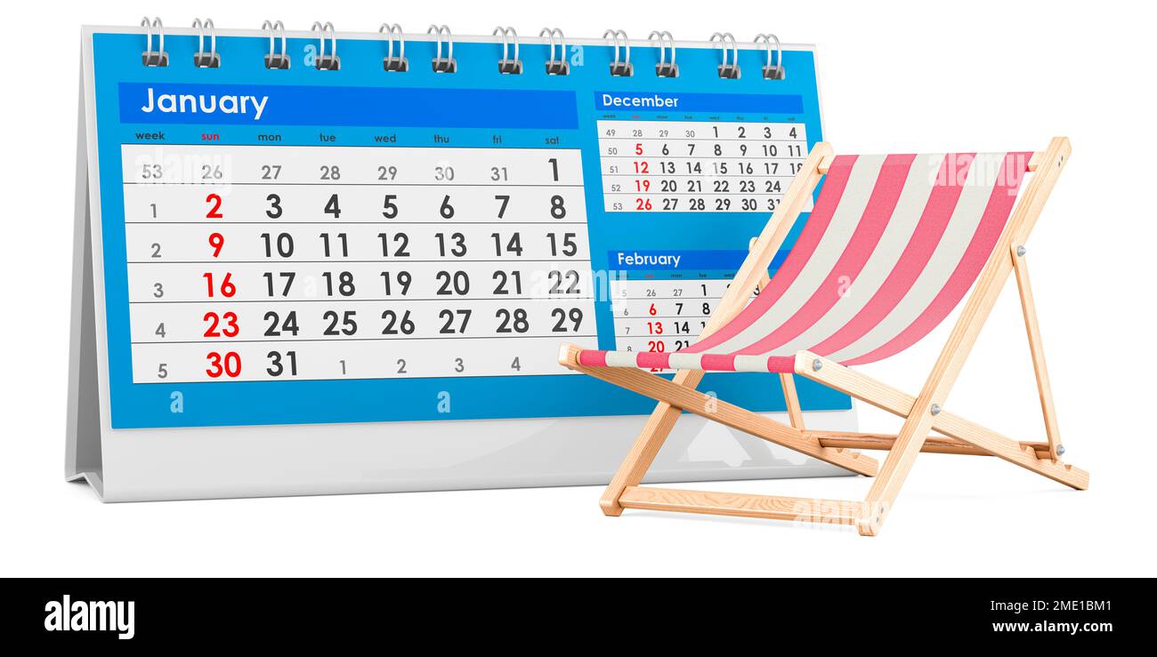 Deckchair with desk calendar, 3D rendering isolated on white background ...