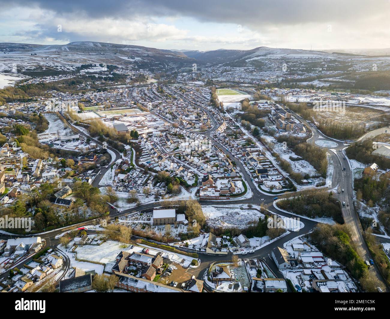 Aerial view of a snow covered Welsh town (Ebbw Vale) in the South Wales Valleys Stock Photo