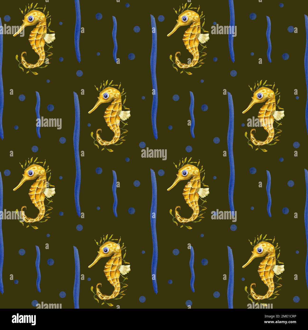 Watercolor underwater seamless pattern of seahorses on dark background ...