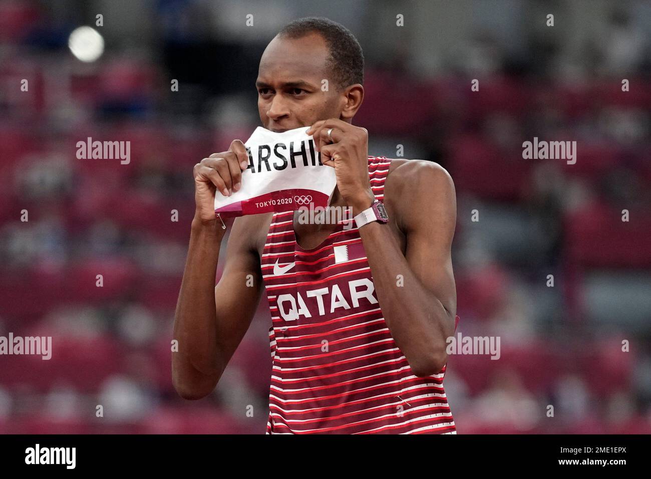 Mutaz Barshim, of Qatar, reacts during the final of the men's high jump ...