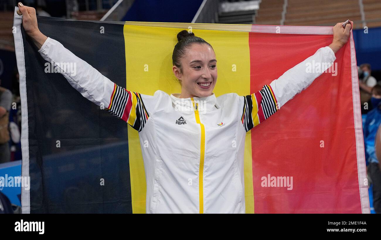 Nina Derwael Of Belgium Celebrates After Winning The Gold Medal For The Uneven Bars During The