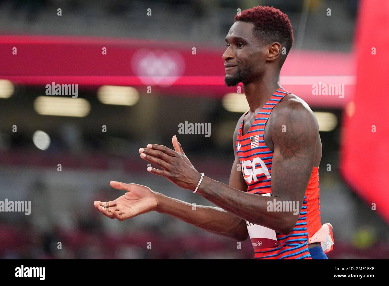 Shelby Mcewen, of the United States, reacts in the final of the men's