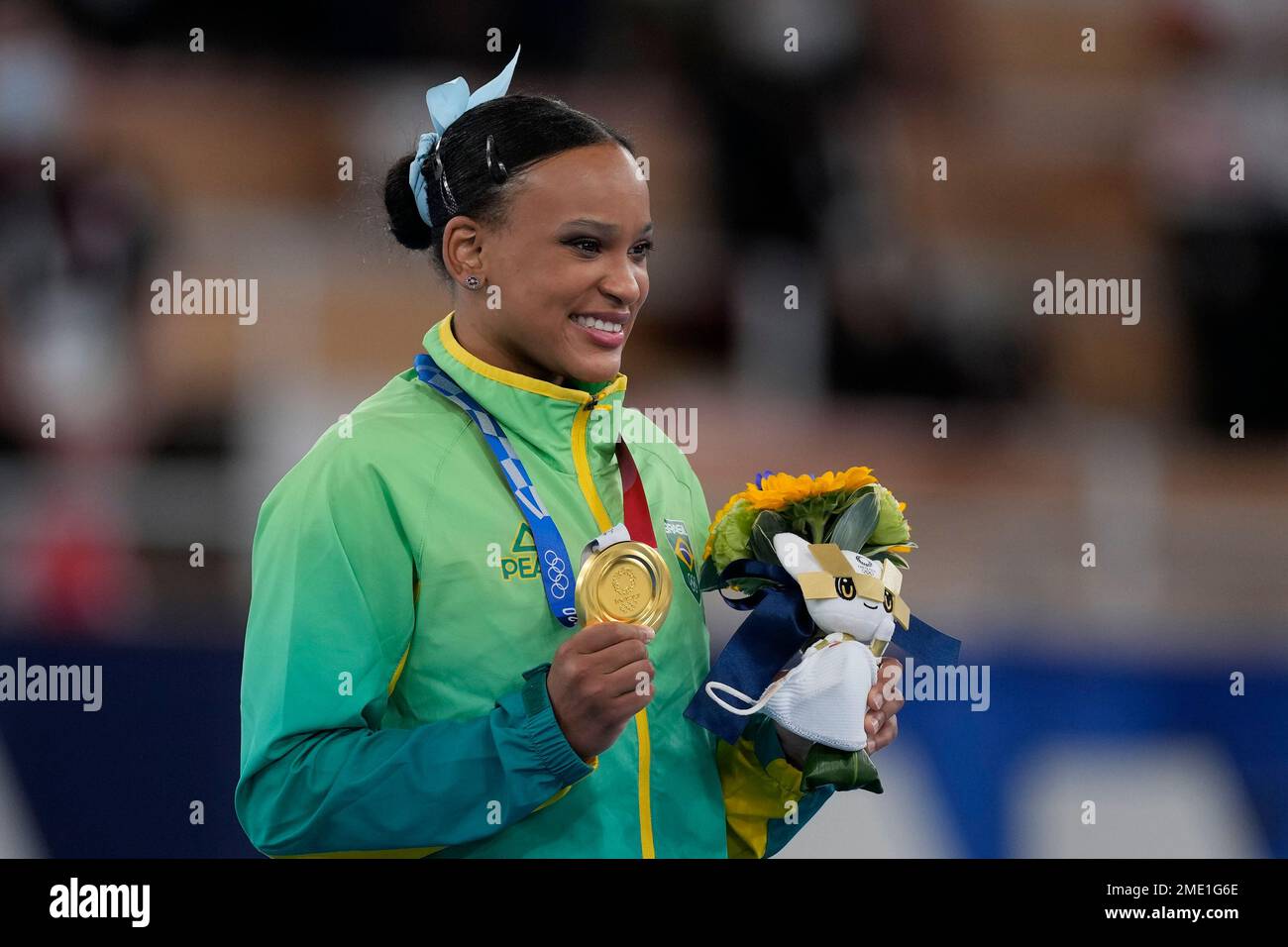 Rebeca Andrade of Brazil, poses after winning the gold medal in vault