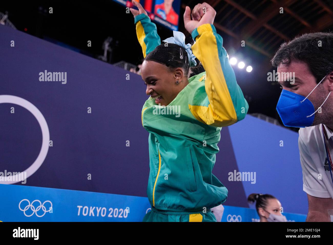 Rebeca Andrade of Brazil, celebrates after winning the gold medal on