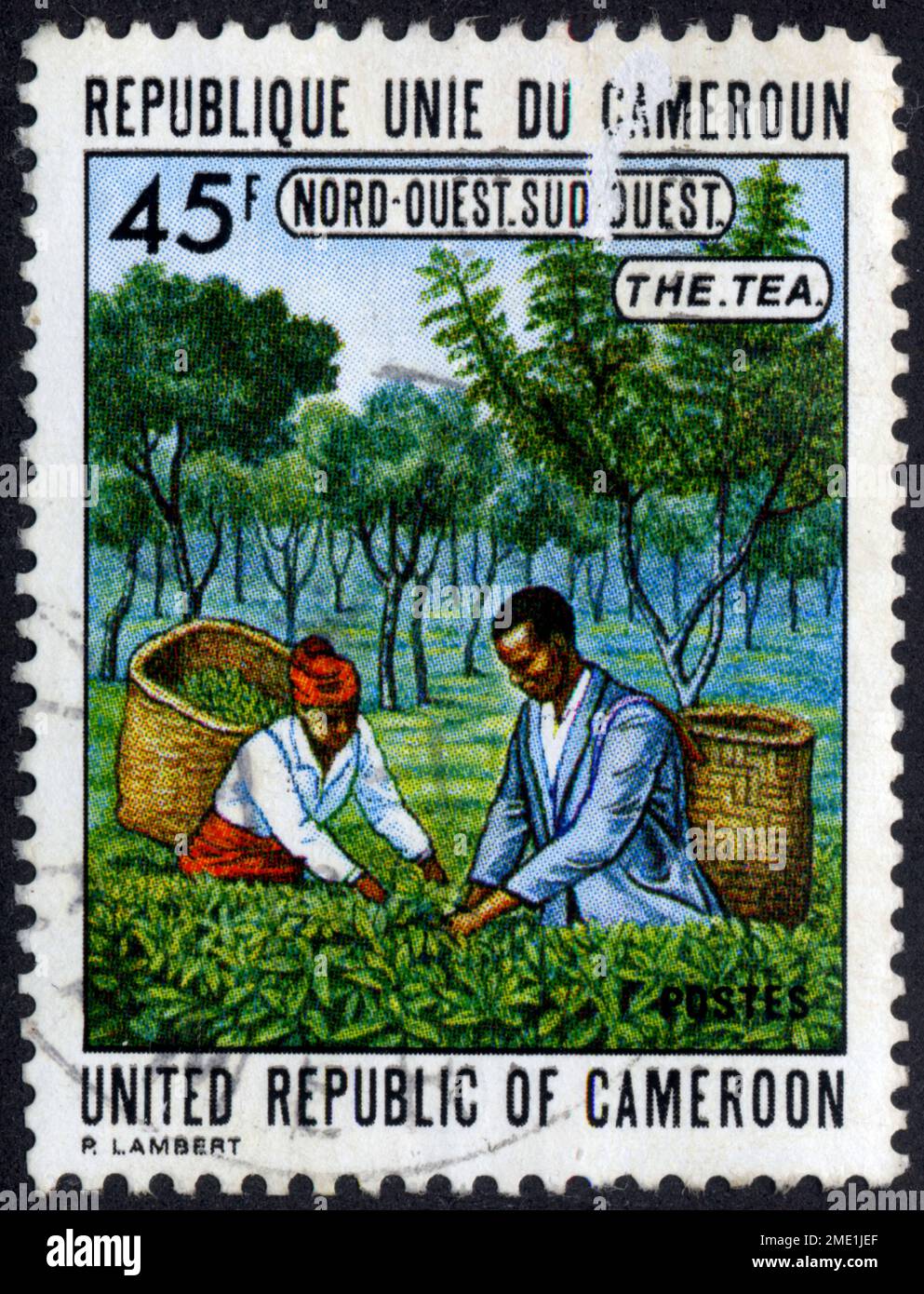TIMBRE OBLITÉRÉ THE TEA. RÉPUBLIQUE UNIE DU CAMEROUN. NORD-OUEST. SUD-OUEST. UNITED REPUBLIC OF CAMEROON. 45  F Stock Photo
