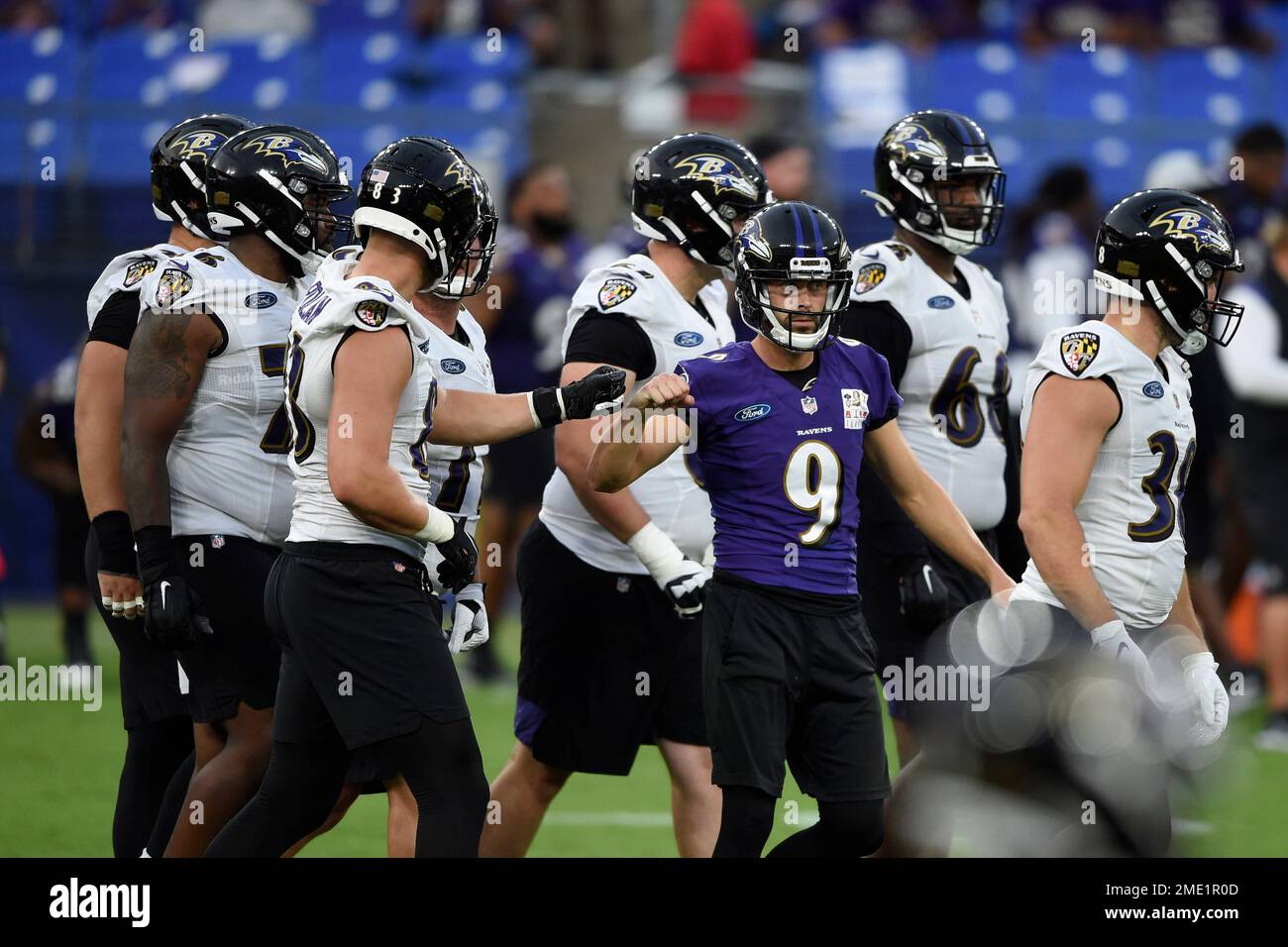 Baltimore Ravens kicker Justin Tucker reacts after kicking a field goal  against the Jacksonville Jaguars during the first half of an NFL football  preseason game, Thursday, Aug. 8, 2019, in Baltimore. (AP