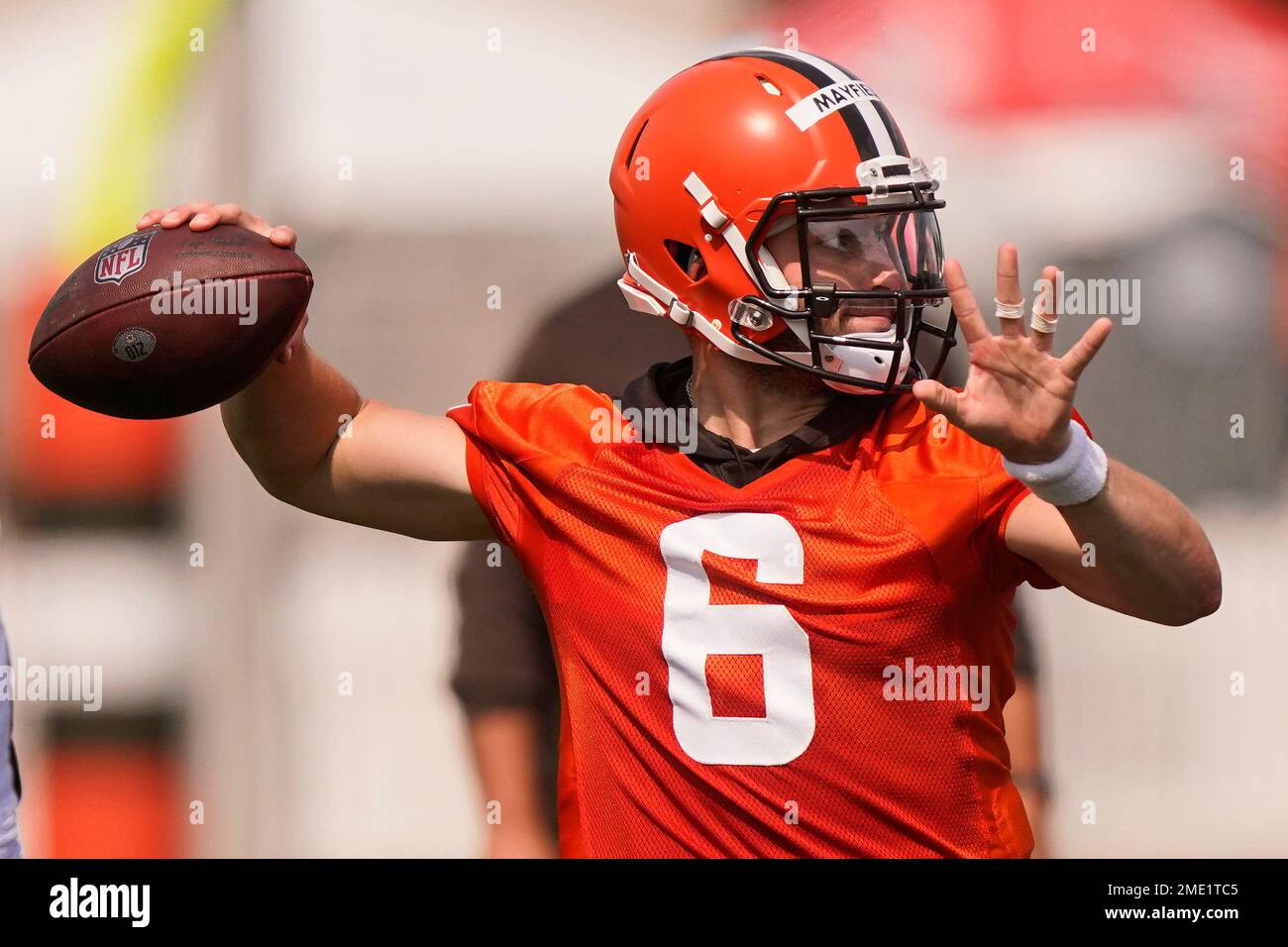 Cleveland Browns quarterback Baker Mayfield throws during an NFL football practice, Saturday