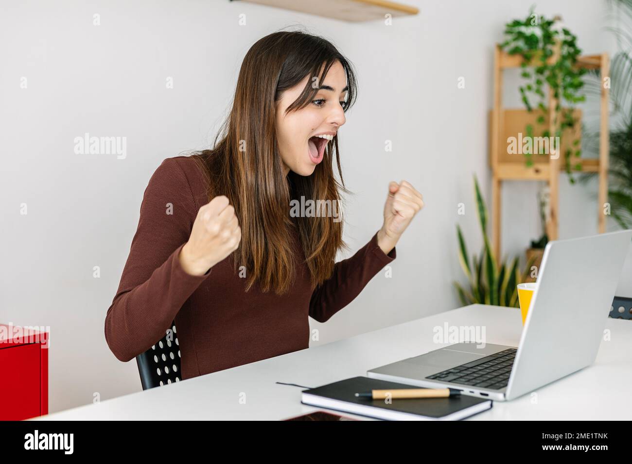 Happy young student woman celebrating good news while using laptop at home Stock Photo