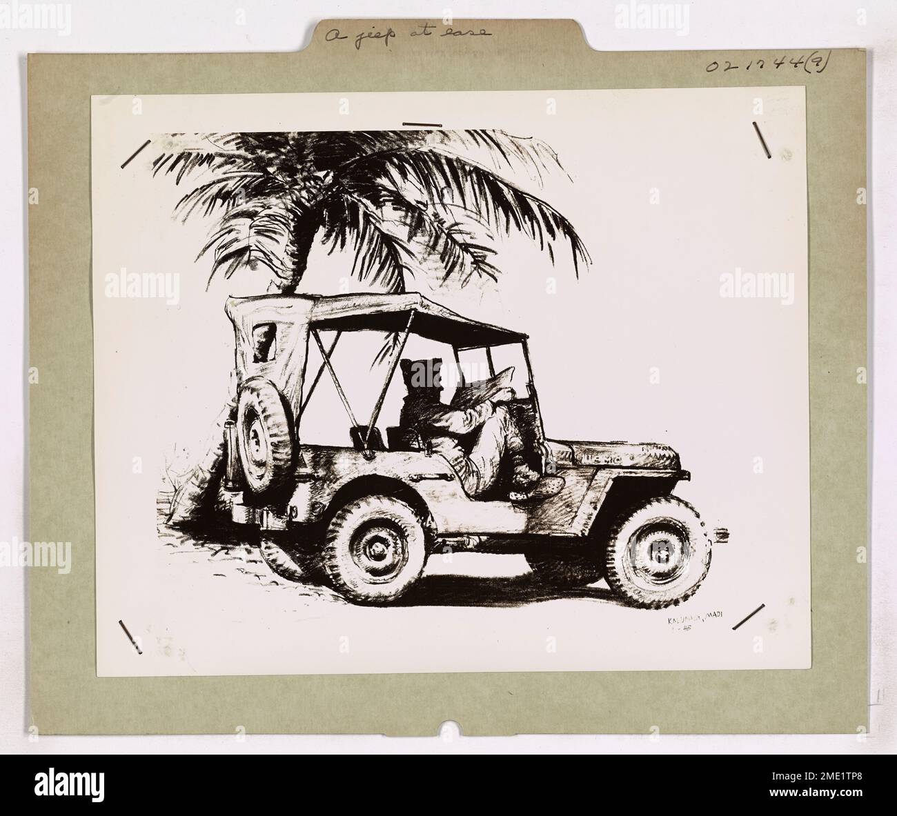 A Jeep at Ease. This image depicts a serviceman resting in a Jeep in the South Pacific, drawn by Coast Guard Combat Artist Ken Riley. Stock Photo