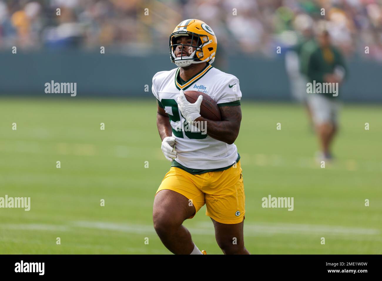 Green Bay Packers' running back AJ Dillon during NFL football training camp Saturday, July 31 ...