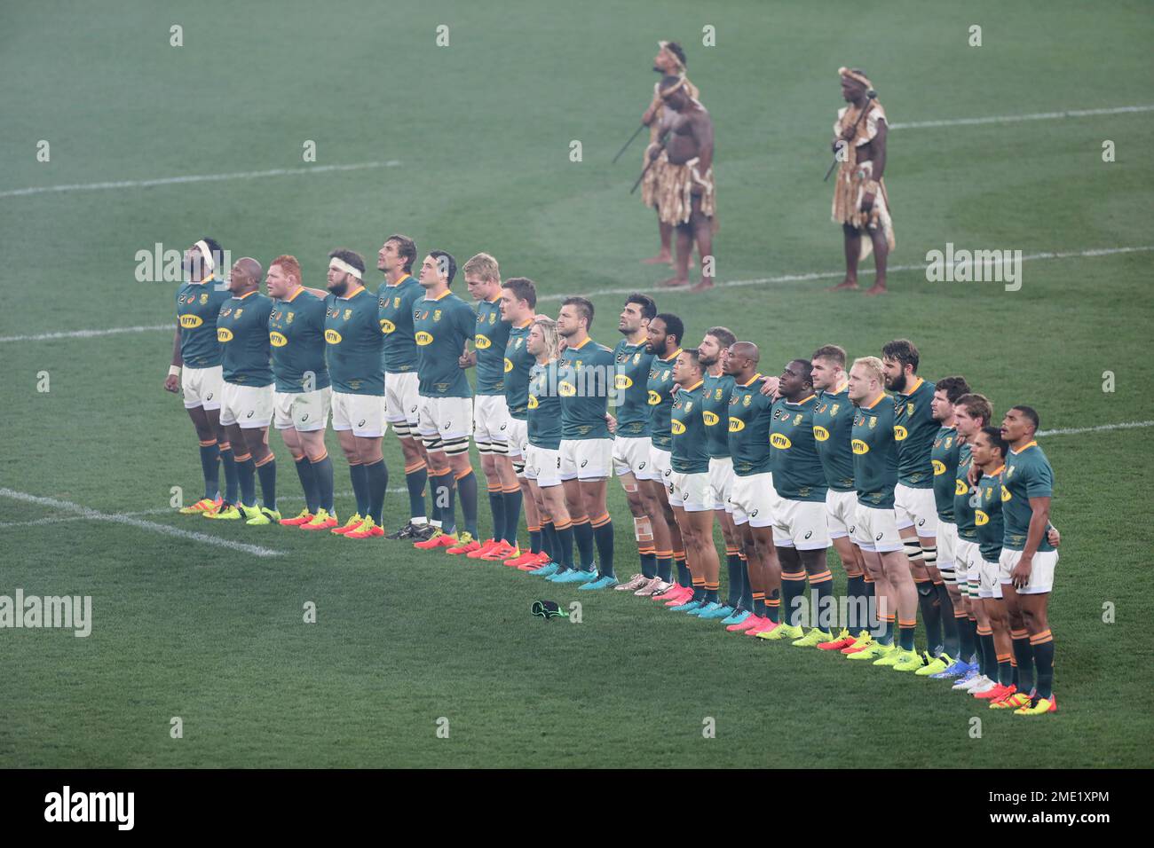 The South African team line up as the anthems are played ahead of the ...