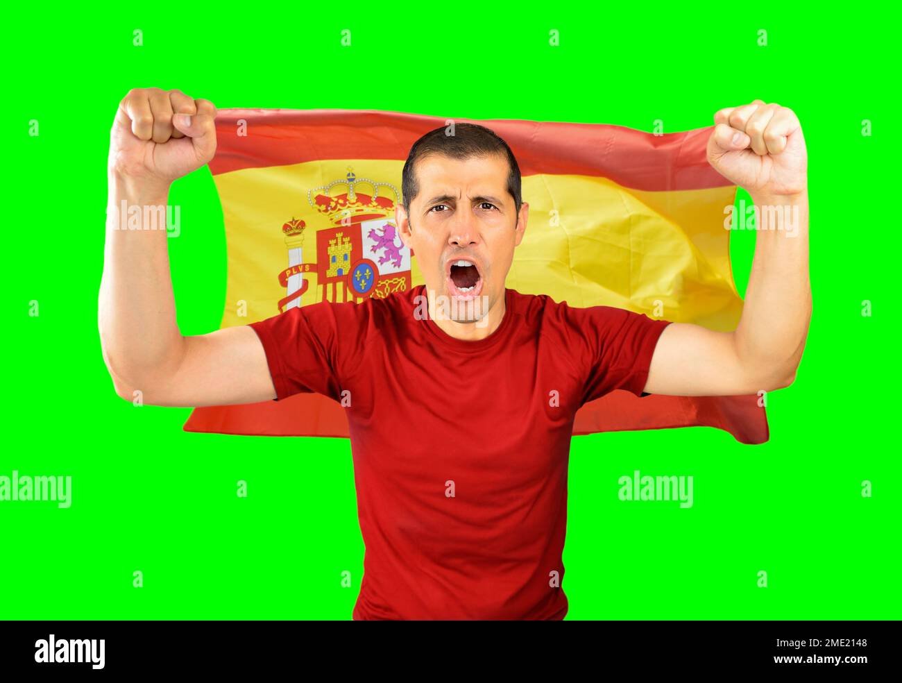 Man screaming for the victory with spanish flag isolated cutout on
