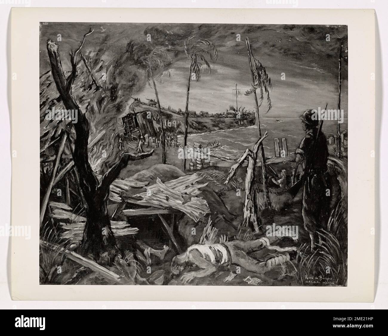 D-day at Dulag. This image depicts artwork of the invasion of Dulag in the Philippines by means of Coast Guard-manned LST, painted by Coast Guard Combat Artist Ralph de Burgos. Stock Photo