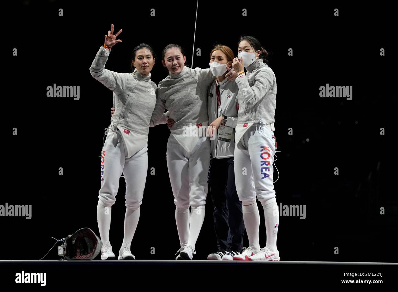 South Korean Sabre team celebrate defeating Italy Sabre team and won