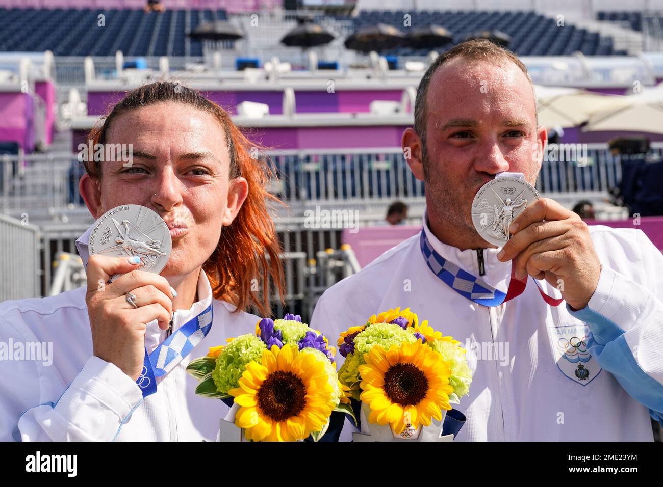 Silver medalists Alessandra Perilli, left, and Gian Marco Berti, both