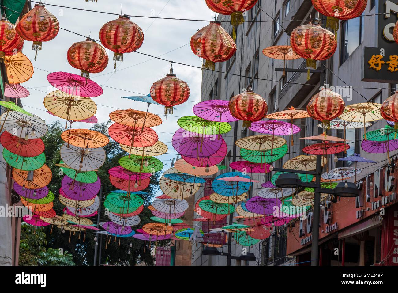 Colorful umbrellas over mexican China town in Mexico City Mexico Stock