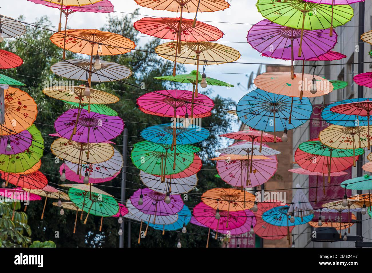 Colorful umbrellas over mexican China town in Mexico City Mexico Stock