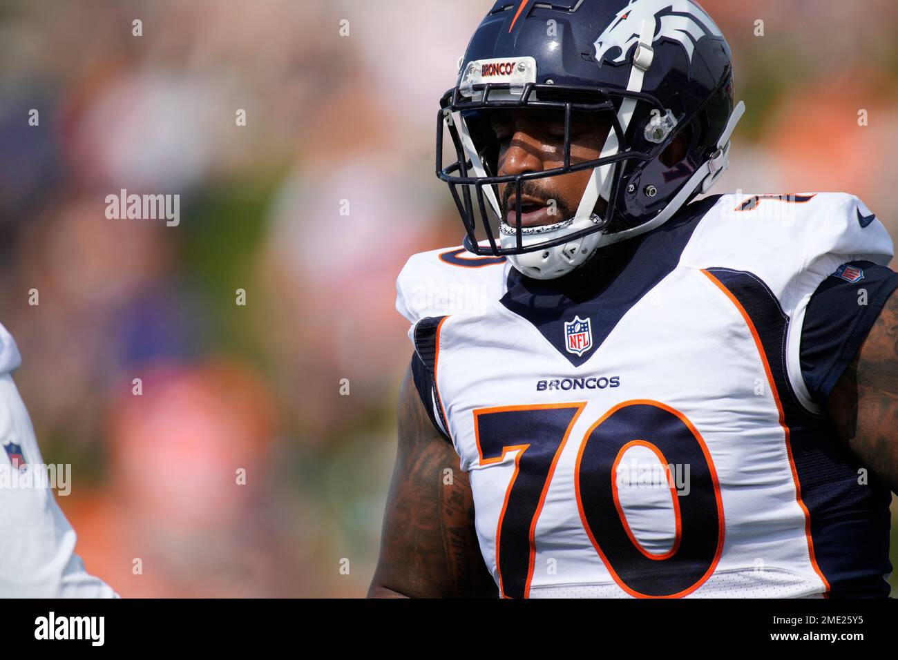 Denver Broncos offensive tackle Bobby Massie (70) gets set on the