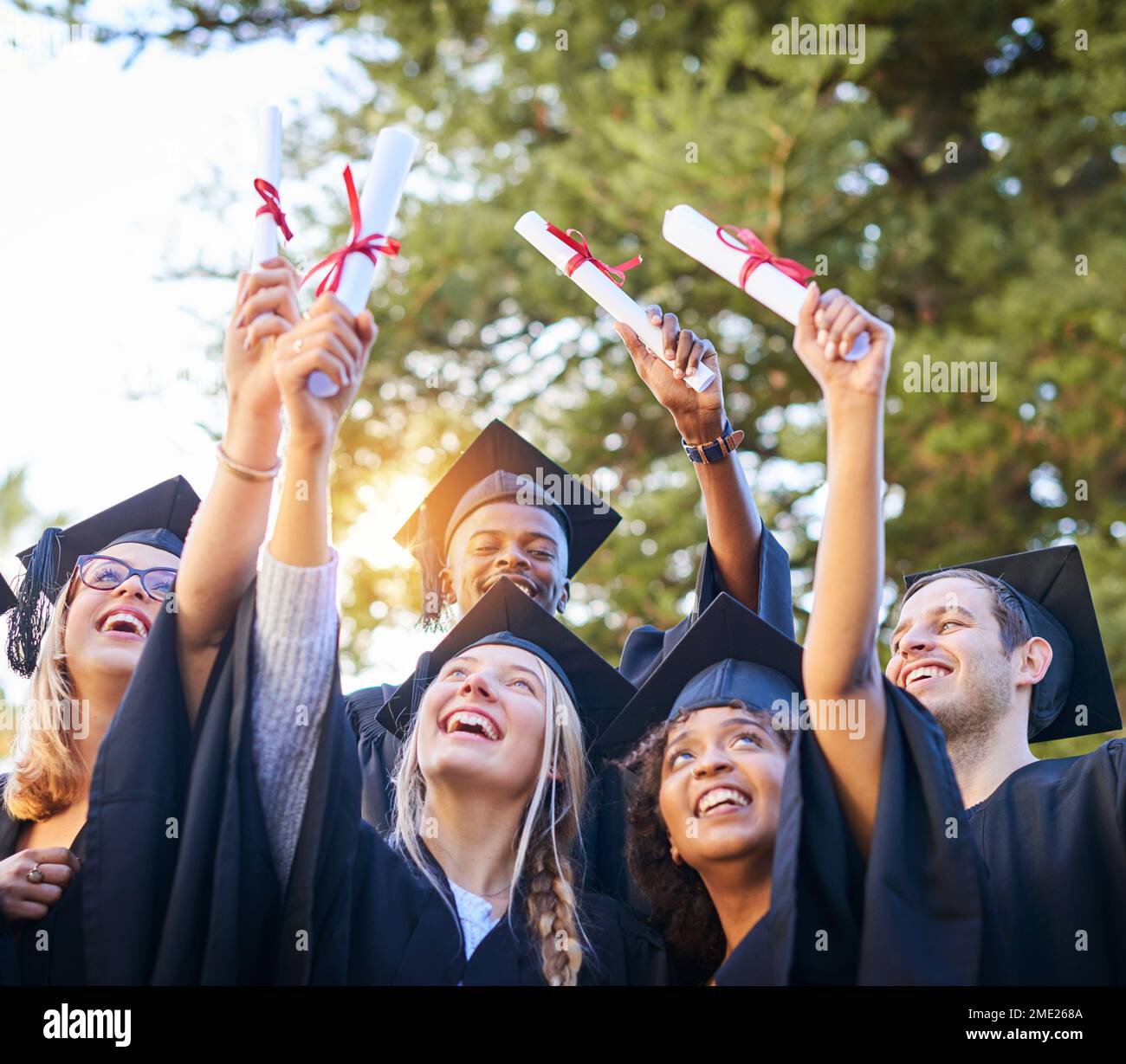 The culmination of years of hard work. a group of graduates holding their diplomas up in the air. Stock Photo