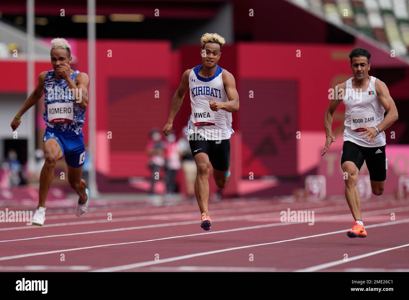 Lataisi Mwea, of Kiribati, reacts after a heat in the men's 100meter