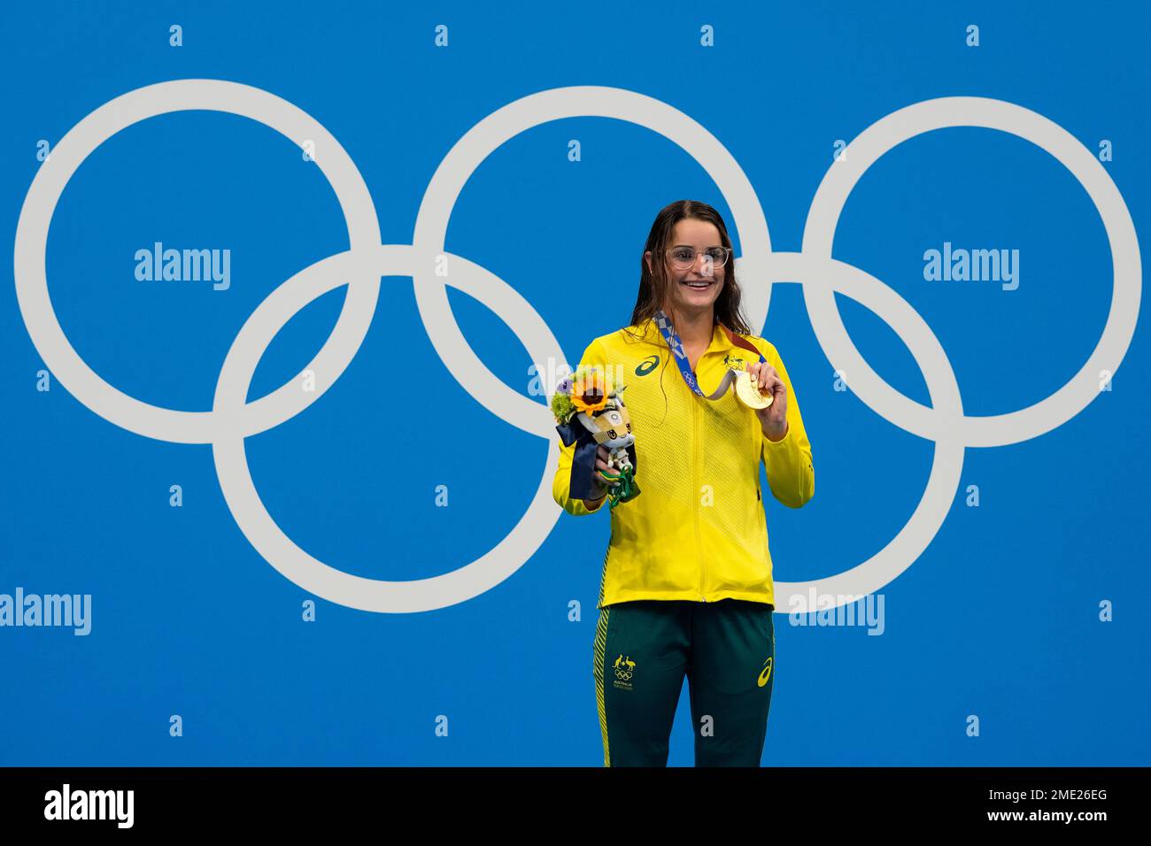 Kaylee Mckeown, of Australia, poses after winning the gold medal in the