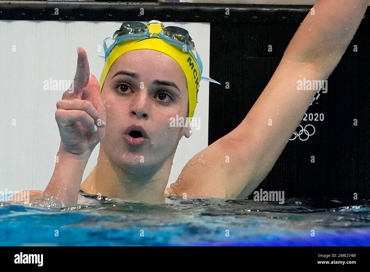 Kaylee Mckeown, of Australia, celebrates after winning the gold medal